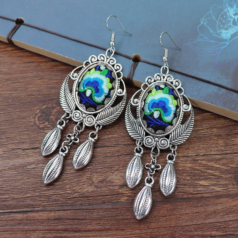 Retro Miao Embroidery Earrings With Double-leaf Earrings Only Earrings - Handmade