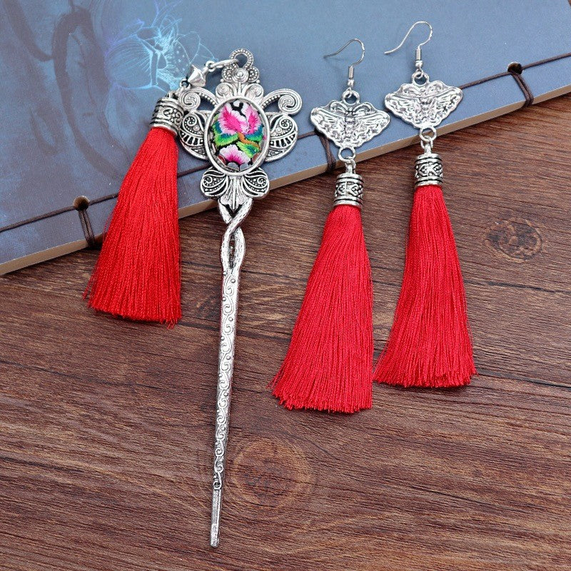 Retro Miao Embroidery Earrings With Butterfly & Red Tassel Set with Hair Stick Earrings - Handmade
