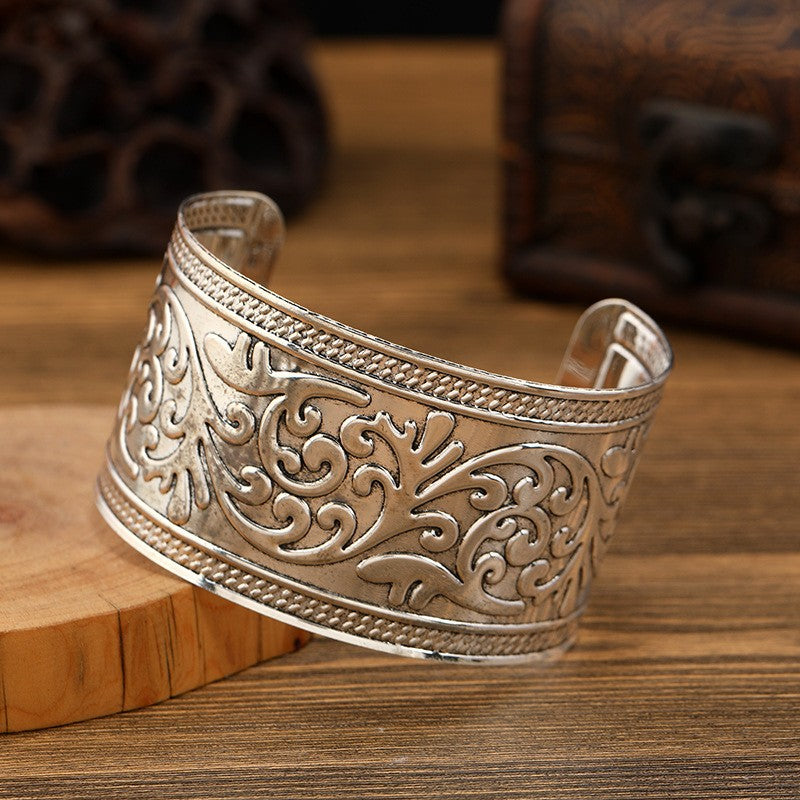 Retro Miao Silver Wide Bracelet With Carved Vine Bracelet - Handmade