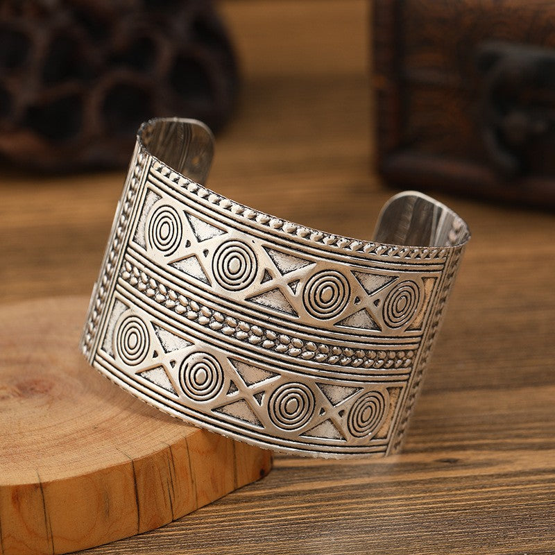 Retro Miao Silver Wide Bracelet With Exotic Cross Bracelet - Handmade