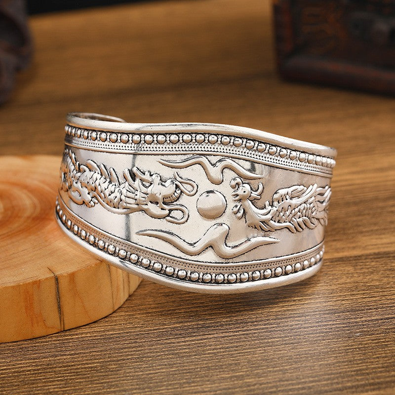 Retro Miao Silver Wide Bracelet With Dragon Bracelet - Handmade