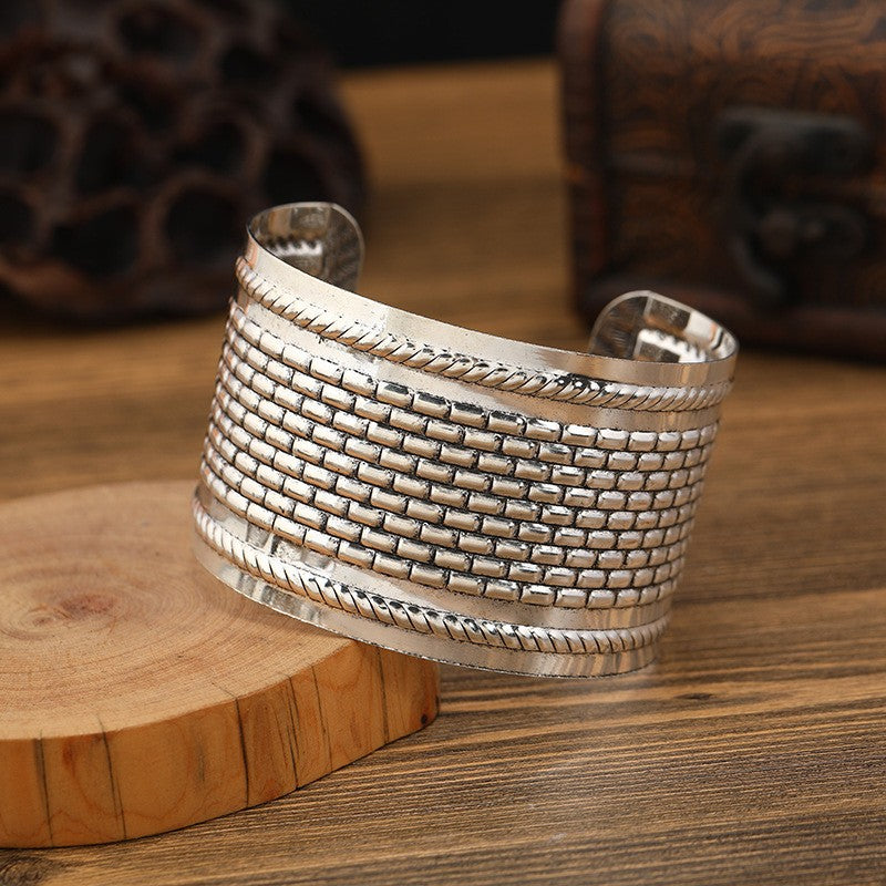 Retro Miao Silver Wide Bracelet With Vintage Brick Pattern Bracelet - Handmade