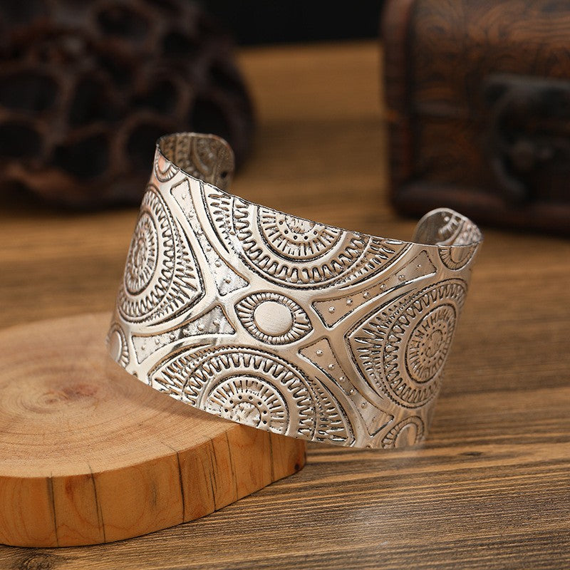 Retro Miao Silver Wide Bracelet With Sun God Totem Bracelet - Handmade