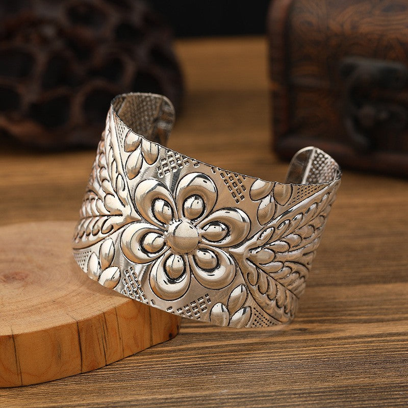 Retro Miao Silver Wide Bracelet With Large Flower Bracelet - Handmade