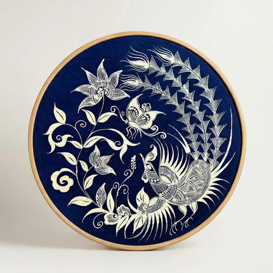 Decorative Miao batik wall art with white floral and butterfly design on a blue background