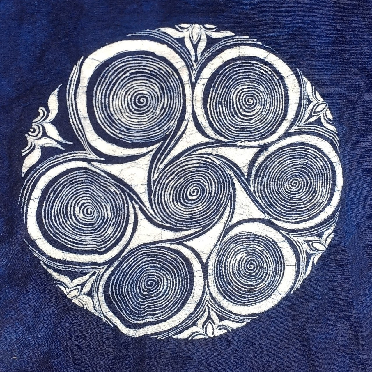 Handmade Miao batik detail showing natural wax crackle and indigo variation