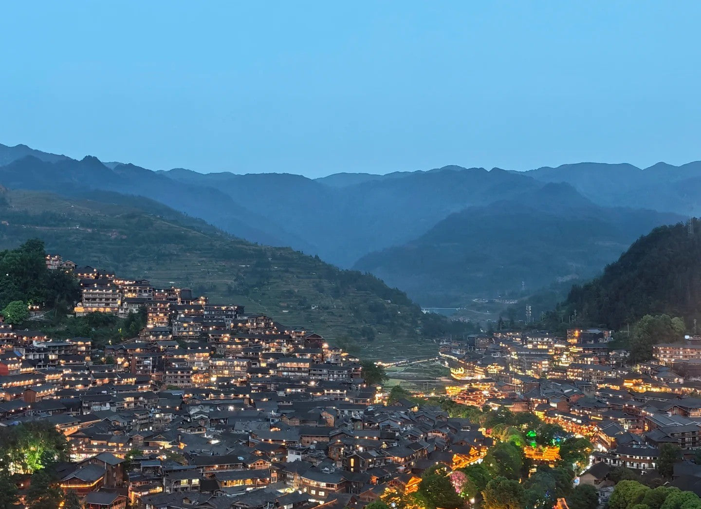 Traditional Miao village in Guizhou with wooden stilt houses
