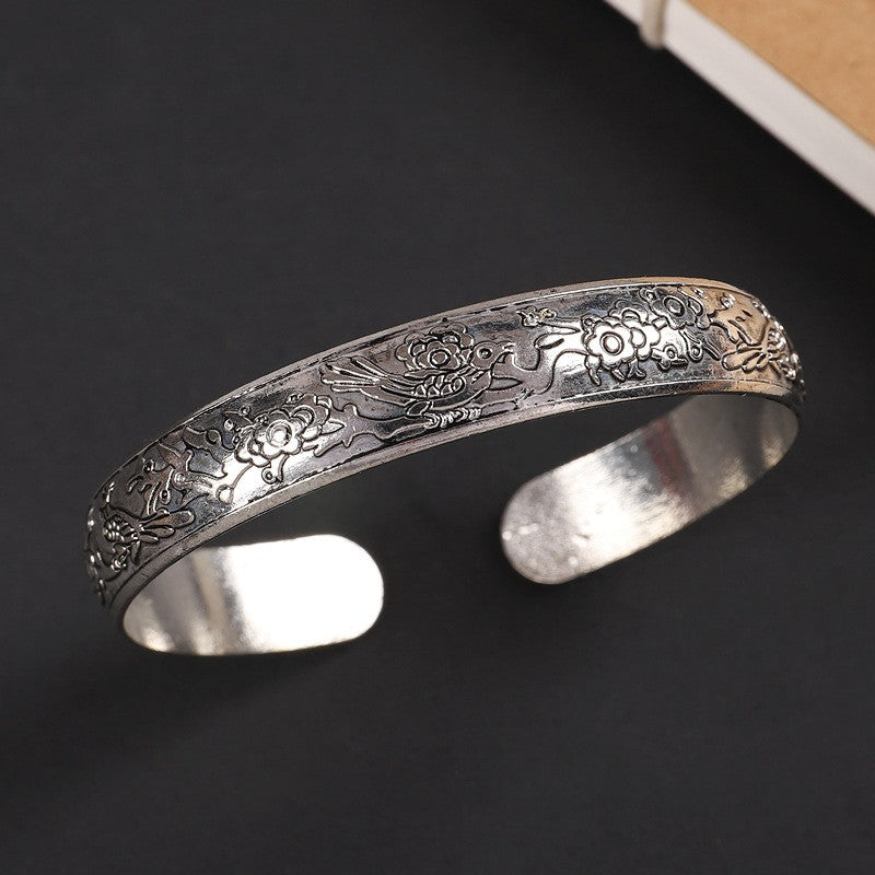 Vintage Miao Silver Bracelet With Magpie & Flower Bracelet - Handmade