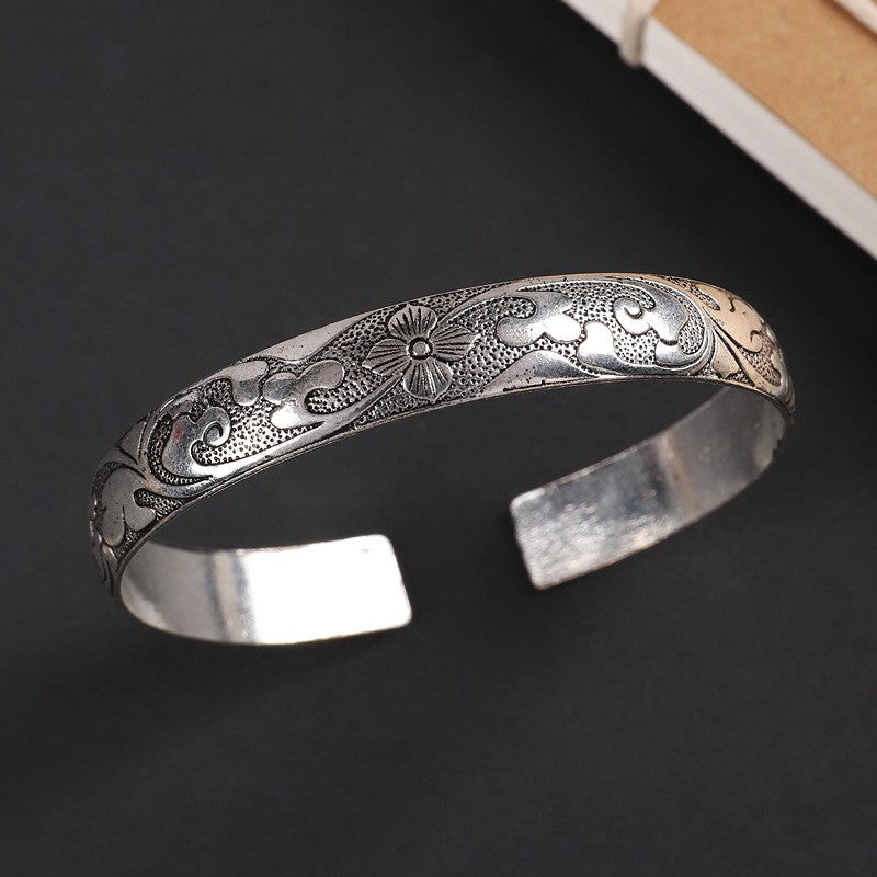 Vintage Miao Silver Bracelet With Flower &Cloud Bracelet - Handmade