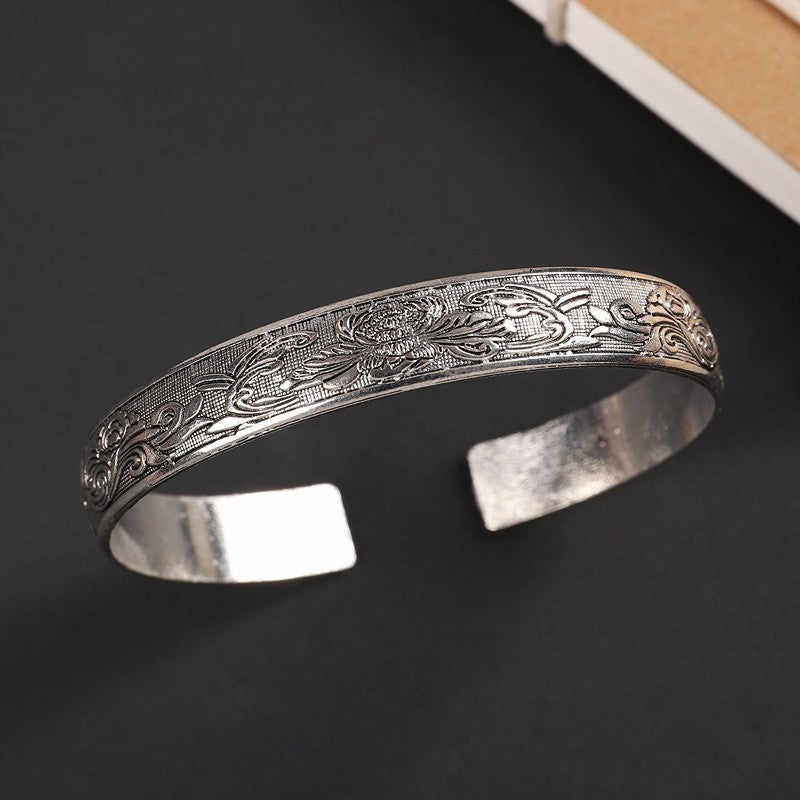 Vintage Miao Silver Bracelet With Peony Bracelet - Handmade