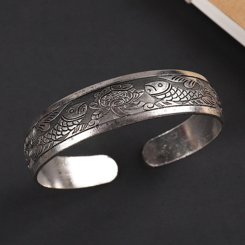 Vintage Miao Silver Bracelet With Lotus & Fish Bracelet - Handmade