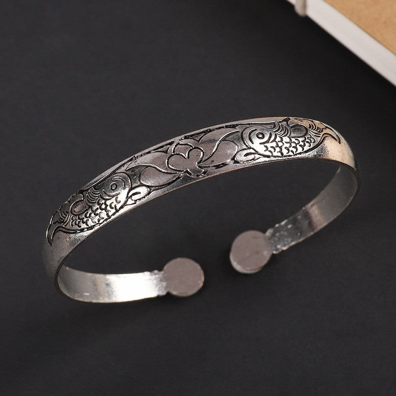 Vintage Miao Silver Bracelet With Fish & Lotus Bracelet - Handmade