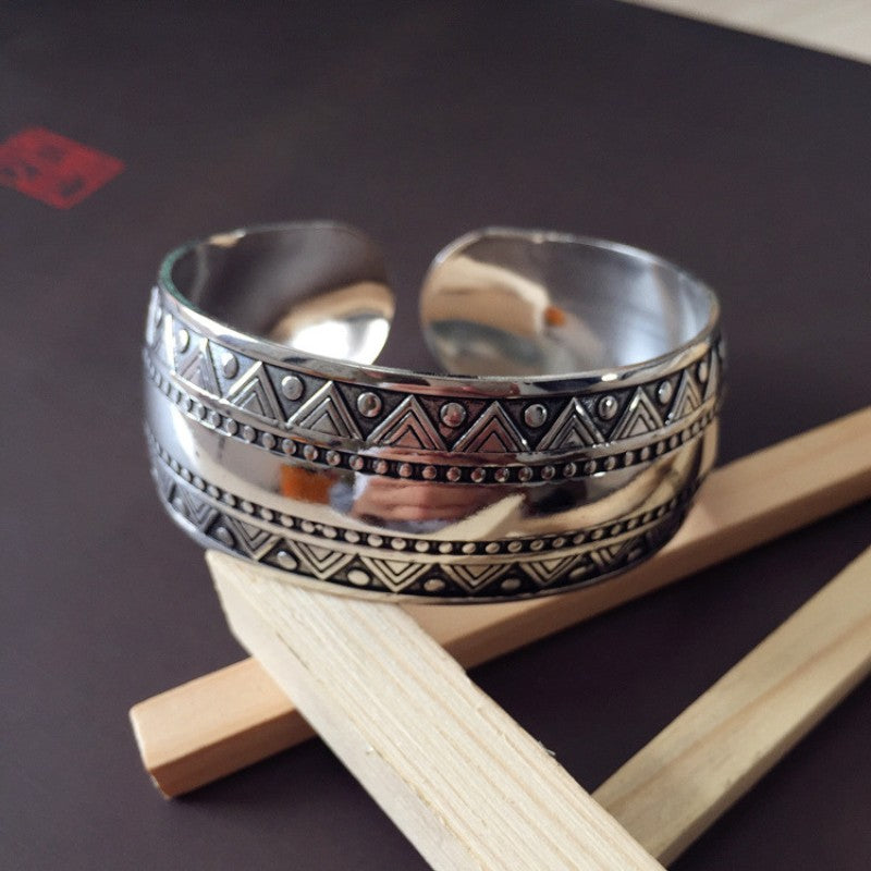 Vintage Miao Silver Wide Bracelet With Ethnic Totem Bracelet - Handmade