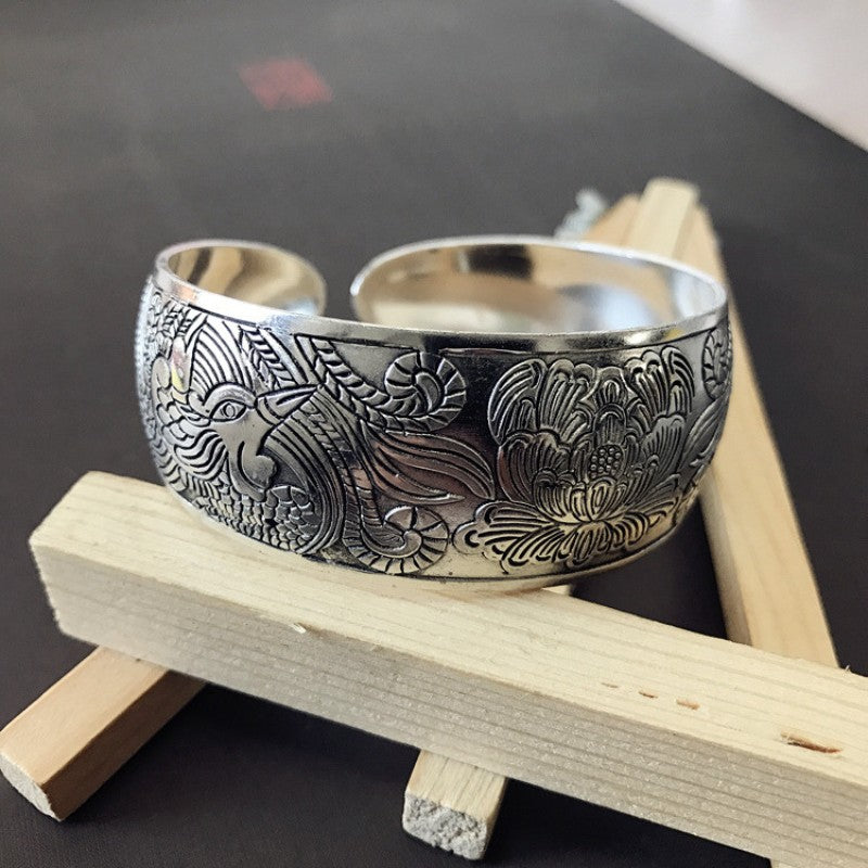 Vintage Miao Silver Wide Bracelet With Phoenix & Peony Bracelet - Handmade