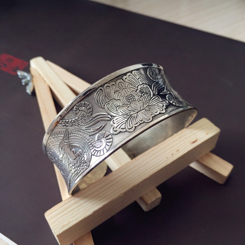 Vintage Miao Silver Wide Bracelet With Peony & Phoenix Bracelet - Handmade