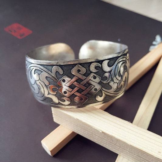 Vintage Miao Silver Wide Bracelet With Chinese Knot Bracelet - Handmade