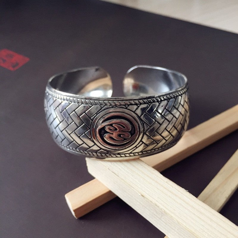 Vintage Miao Silver Wide Bracelet With Mysterious Totem Bracelet - Handmade