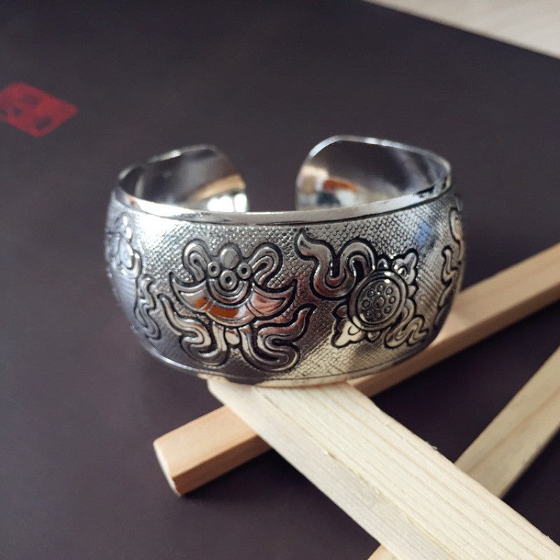 Vintage Miao Silver Wide Bracelet With Auspicious Symbols Bracelet - Handmade