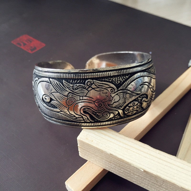 Vintage Miao Silver Wide Bracelet With Dragon Bracelet - Handmade