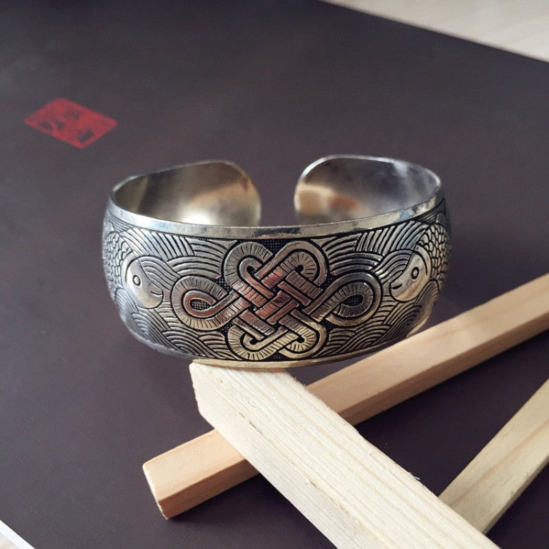 Vintage Miao Silver Wide Bracelet With Chinese Knot & Fish Bracelet - Handmade