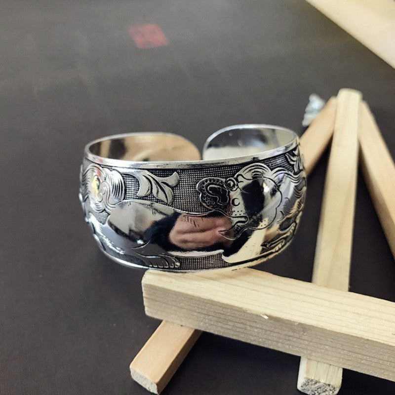 Vintage Miao Silver Wide Bracelet With Lion Bracelet - Handmade