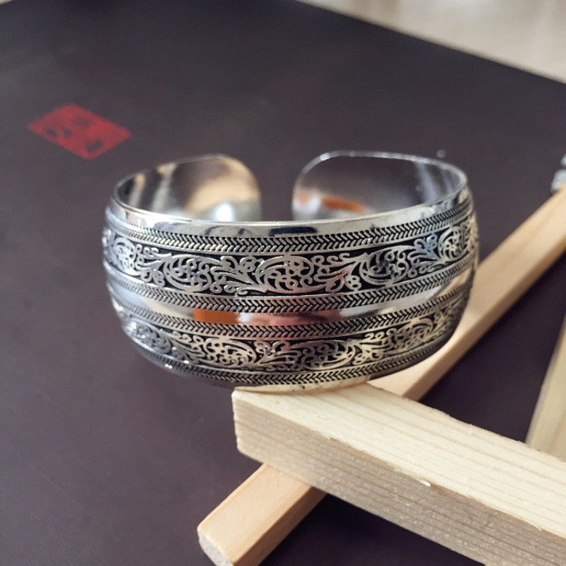 Vintage Miao Silver Wide Bracelet With Ethnic Pattern Bracelet - Handmade