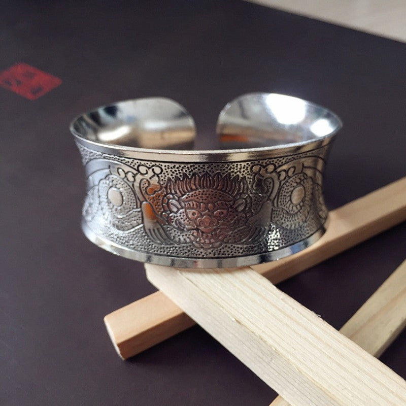Vintage Miao Silver Wide Bracelet With Dragon Totem Bracelet - Handmade
