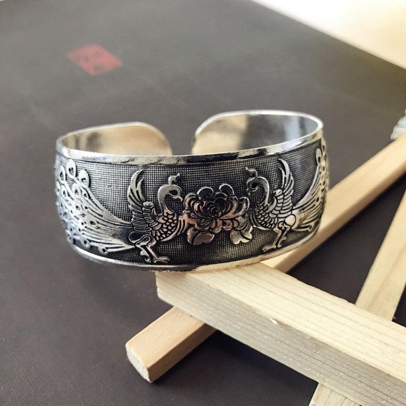 Vintage Miao Silver Wide Bracelet With Peony & Peacock Bracelet - Handmade