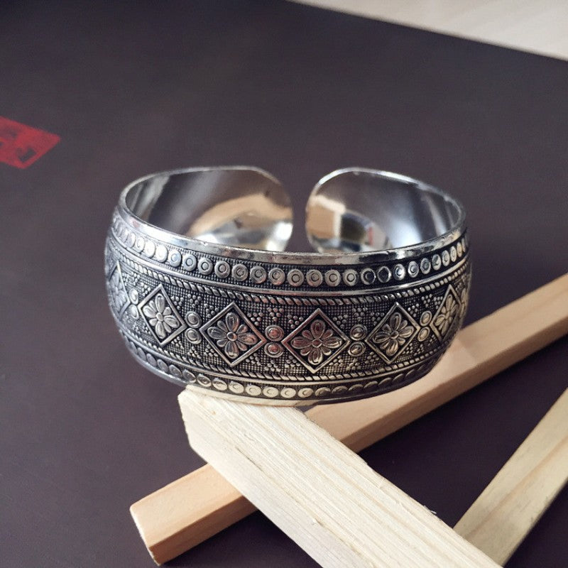 Vintage Miao Silver Wide Bracelet With Rhombus Flower Bracelet - Handmade