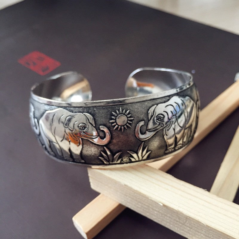 Vintage Miao Silver Wide Bracelet With Nepalese Elephant Bracelet - Handmade