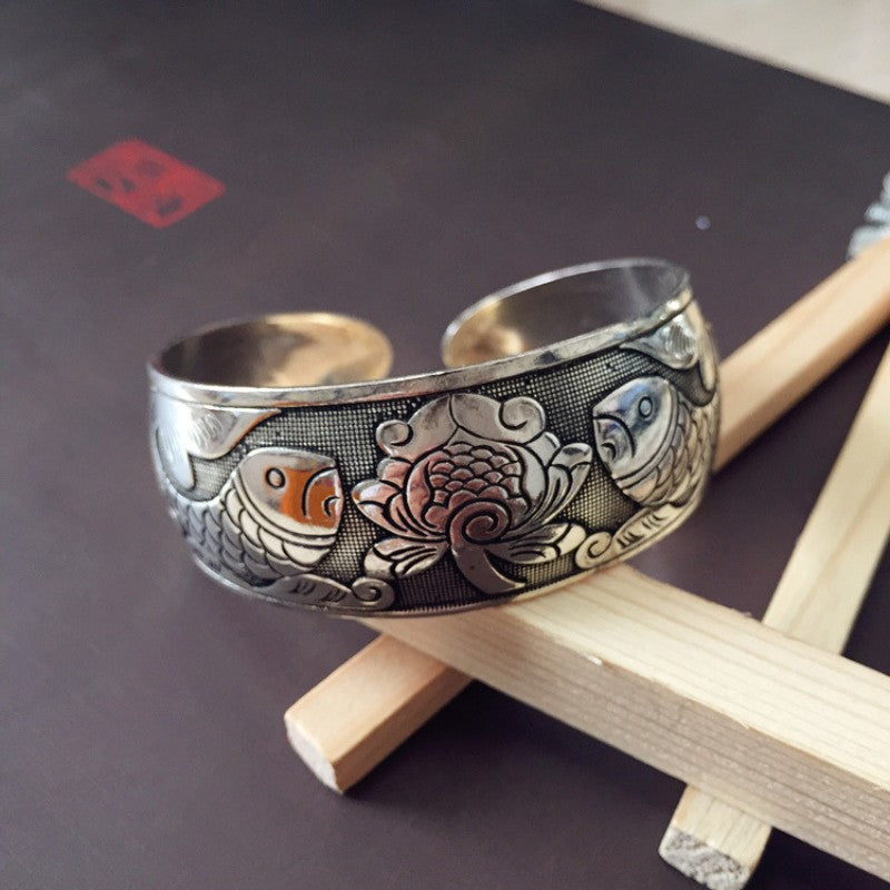 Vintage Miao Silver Wide Bracelet With Fish & Lotus Bracelet - Handmade