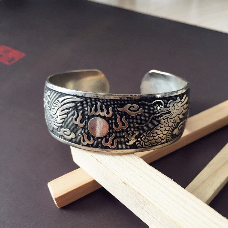 Vintage Miao Silver Wide Bracelet With Dragon & Phoenix Bracelet - Handmade