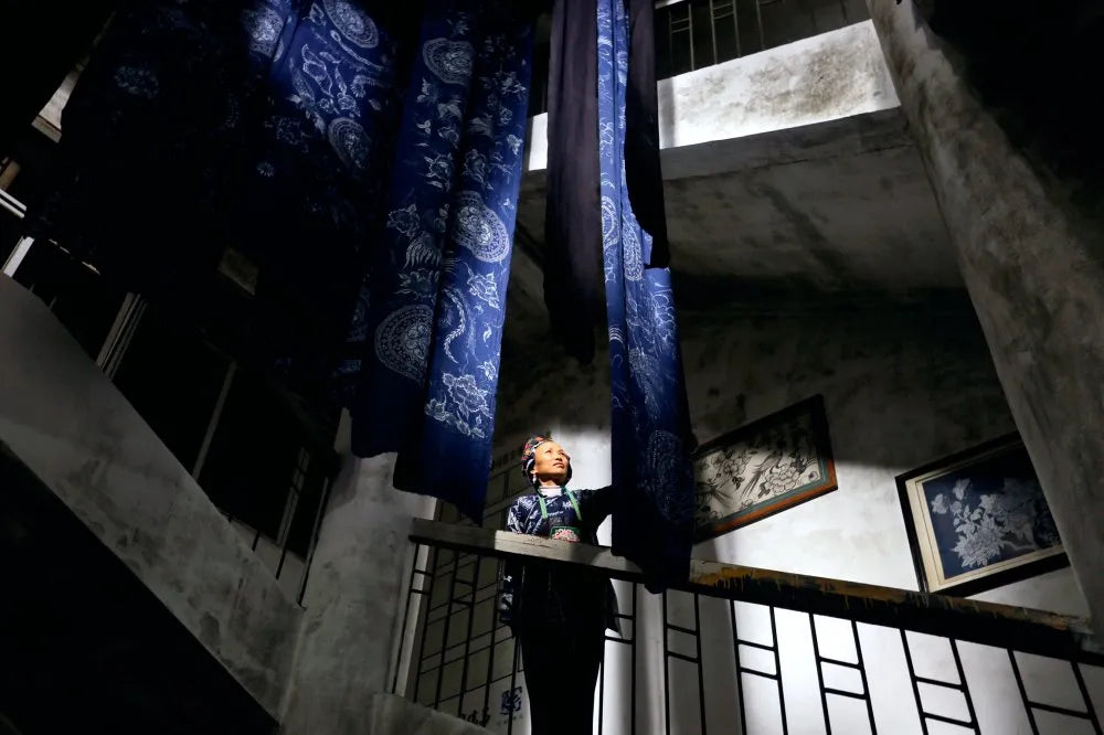 Indigo dyed Miao batik fabric hanging