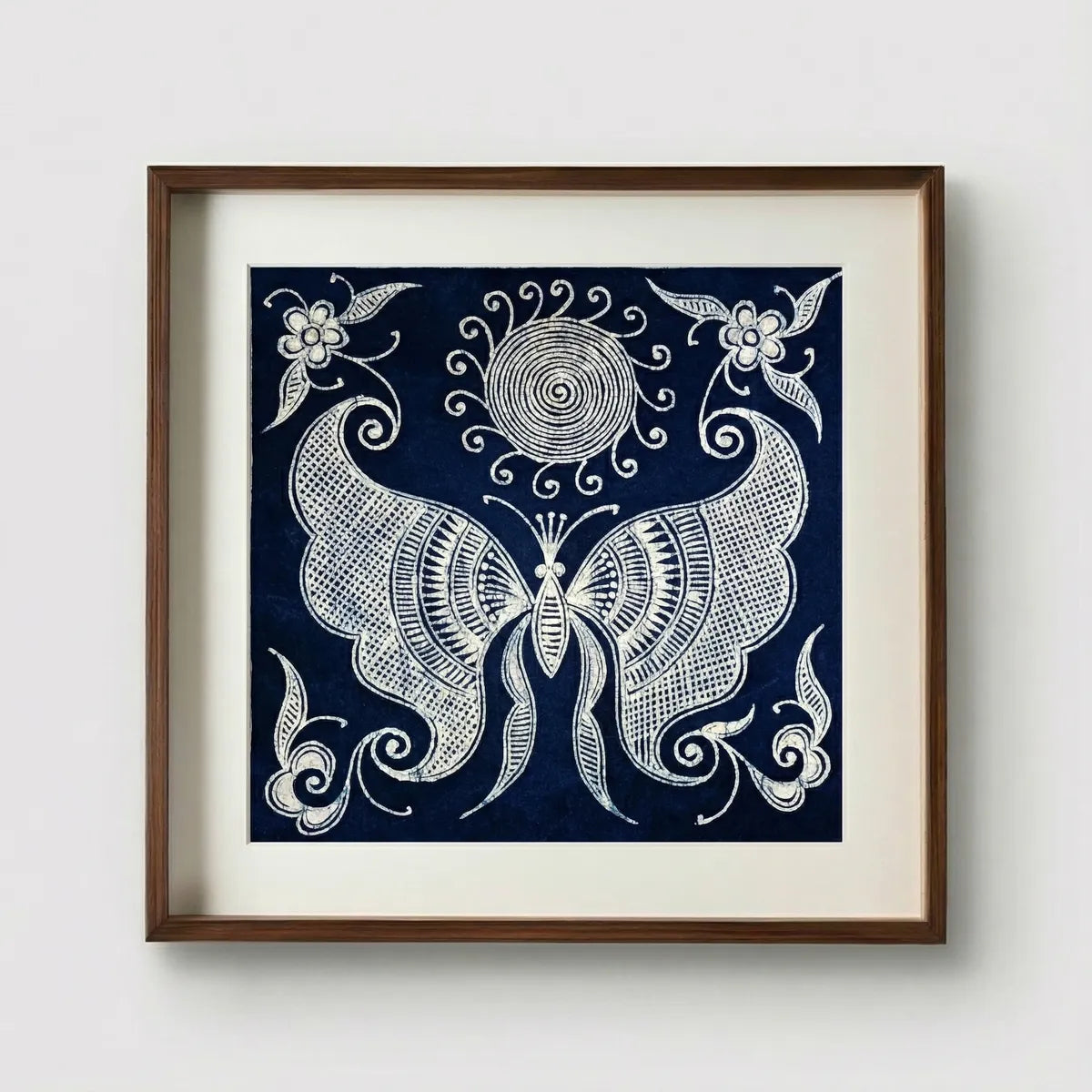 Framed Miao batik artwork of a butterfly design on a blue background