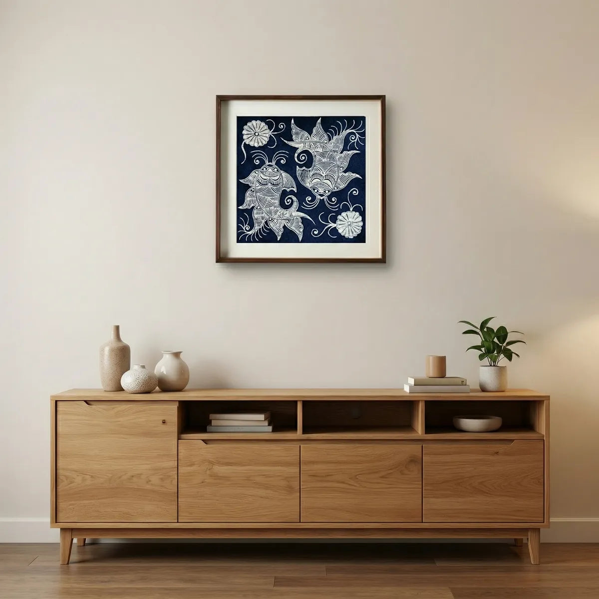 Wooden sideboard with decorative items and a framed Miao batik artwork on a wall.