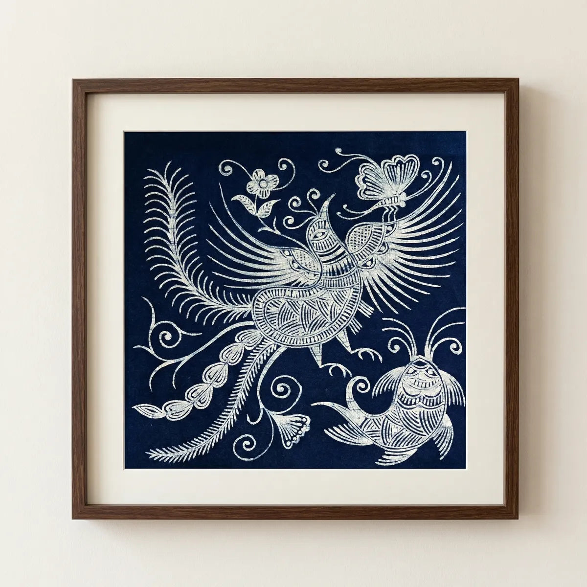 Framed Miaozu Batik artwork with a stylized bird and turtle design on a blue background