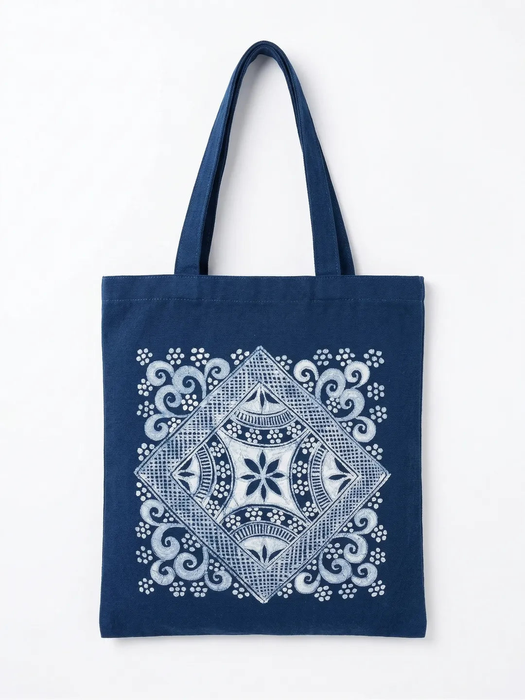 Miaozu Batik tote bag with white geometric pattern on a white background