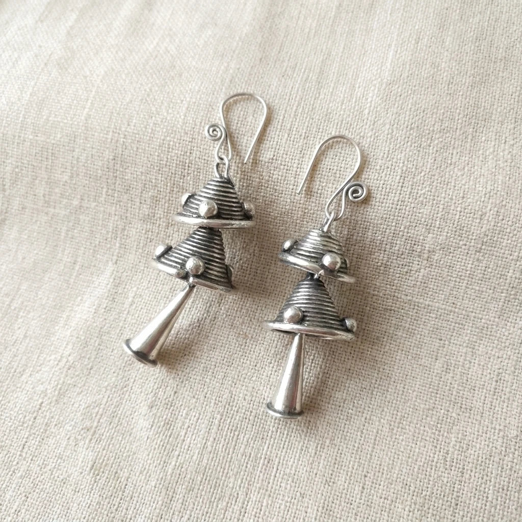 Miao Silver Double Bell Dangle Earrings – Short Double Bell on a light background