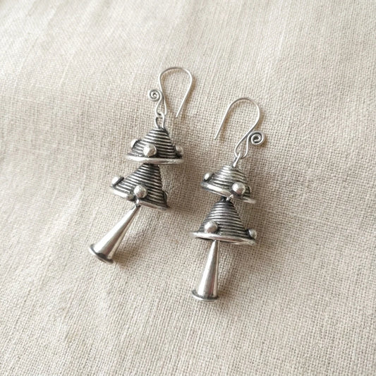 Miao Silver Double Bell Dangle Earrings – Short Double Bell on a light background