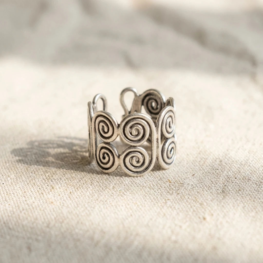 Miao Silver Double Spiral Adjustable Ring on a light background
