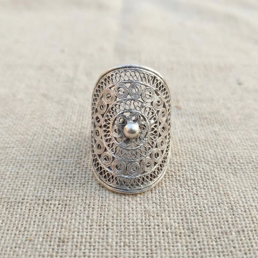 Miao Silver Filigree Statement Ring on a light background