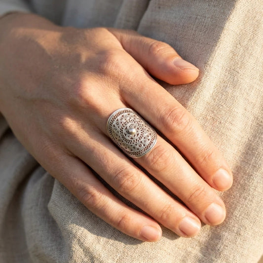 Miao Silver Filigree Statement Ring worn for scale