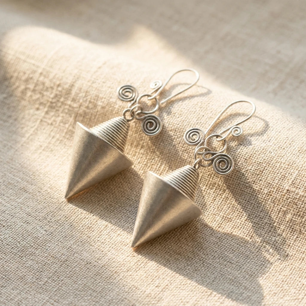 Miao Silver Hollow Cone Earrings on a light background