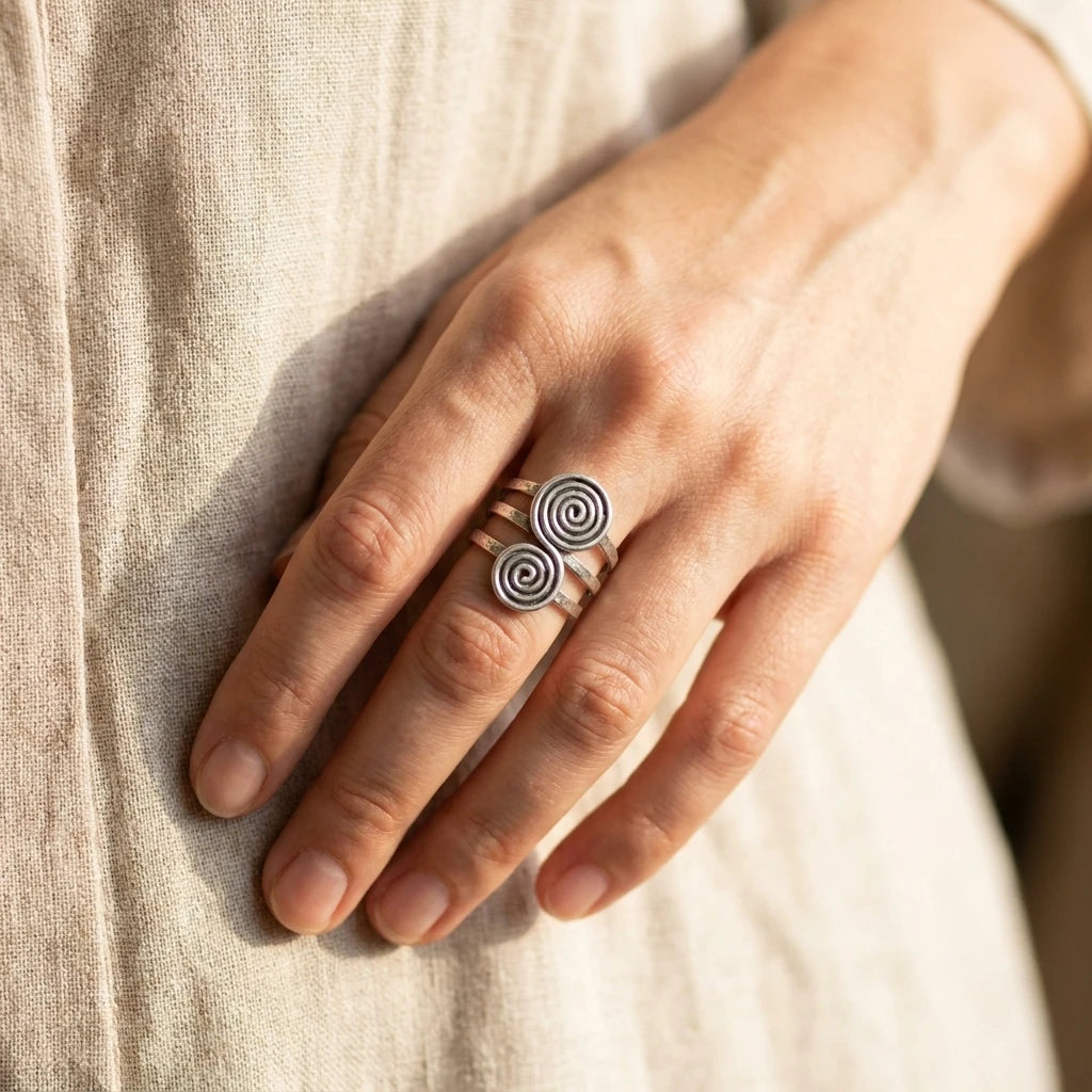 Miao Silver Linked Spiral Disc Ring worn for scale