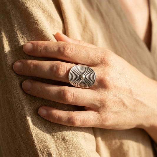 Miao Silver Round Disc Adjustable Ring worn for scale