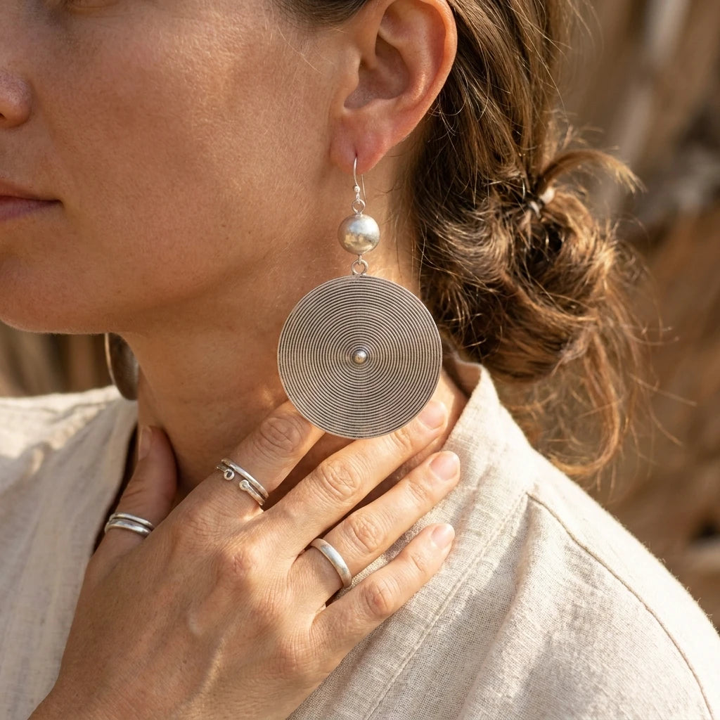 Miao Silver Round Disc Earrings – Large Disc worn for scale