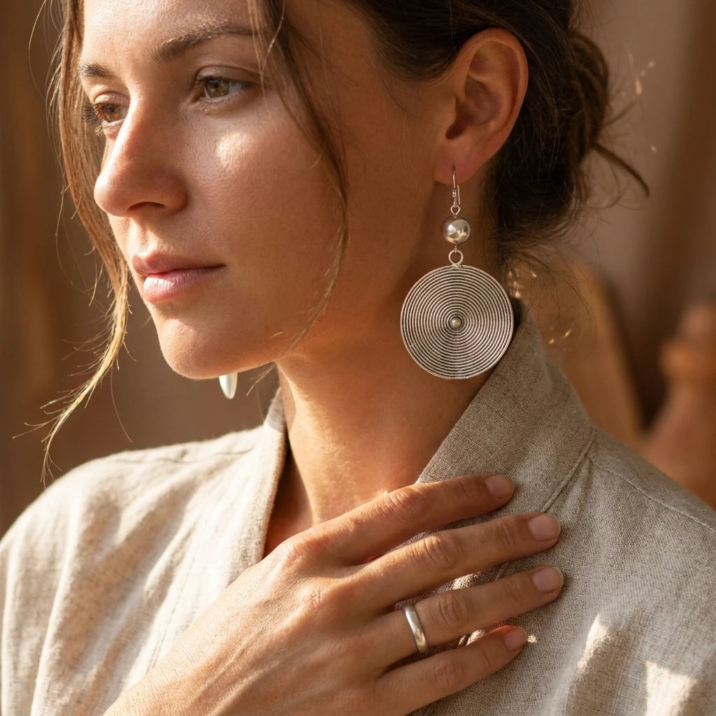 Miao Silver Round Disc Earrings – Small Drop worn for scale