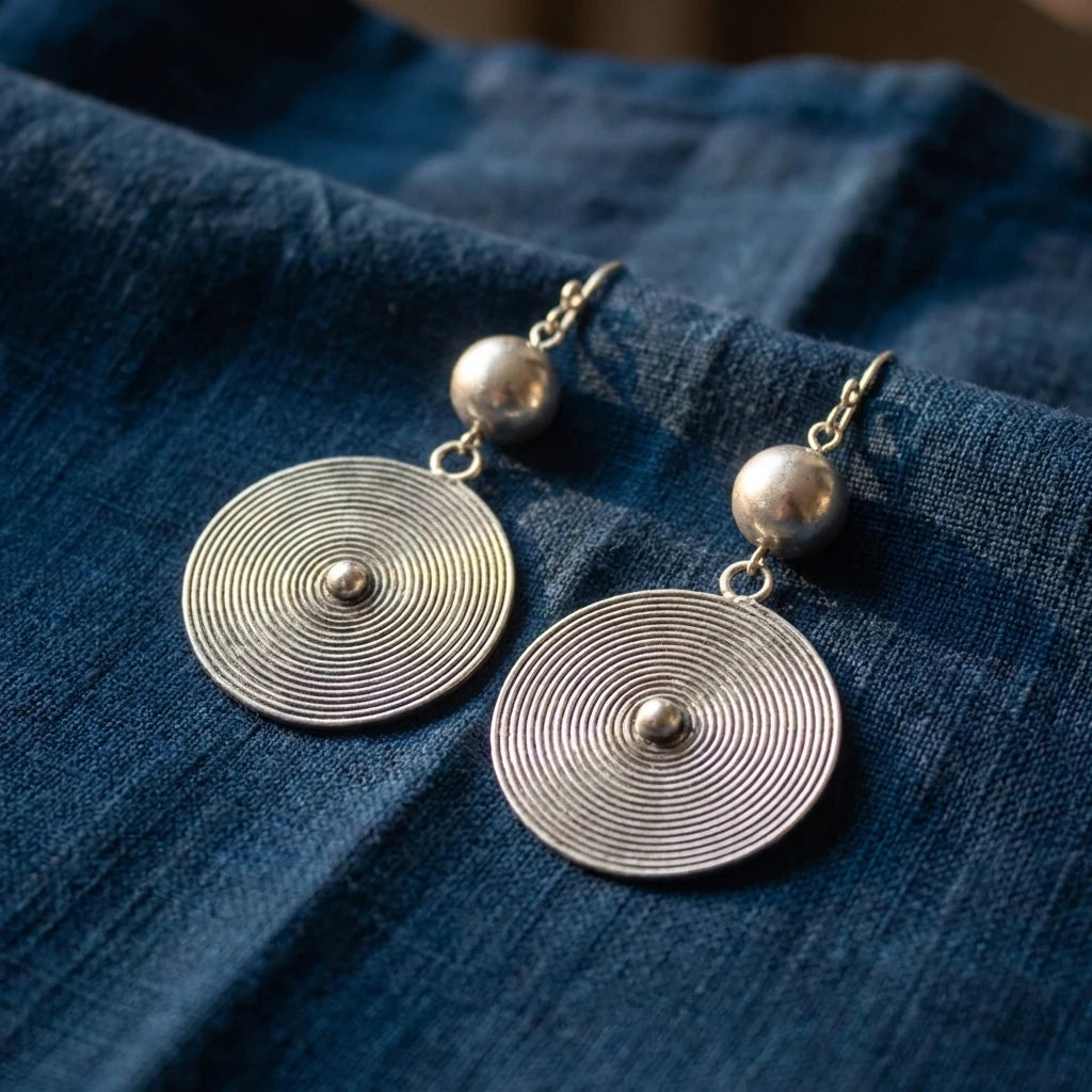 Miao Silver Round Disc Earrings – Small Drop displayed on indigo textile