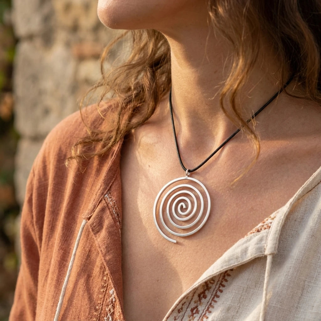 Miao Silver Spiral Pendant Necklace worn for scale