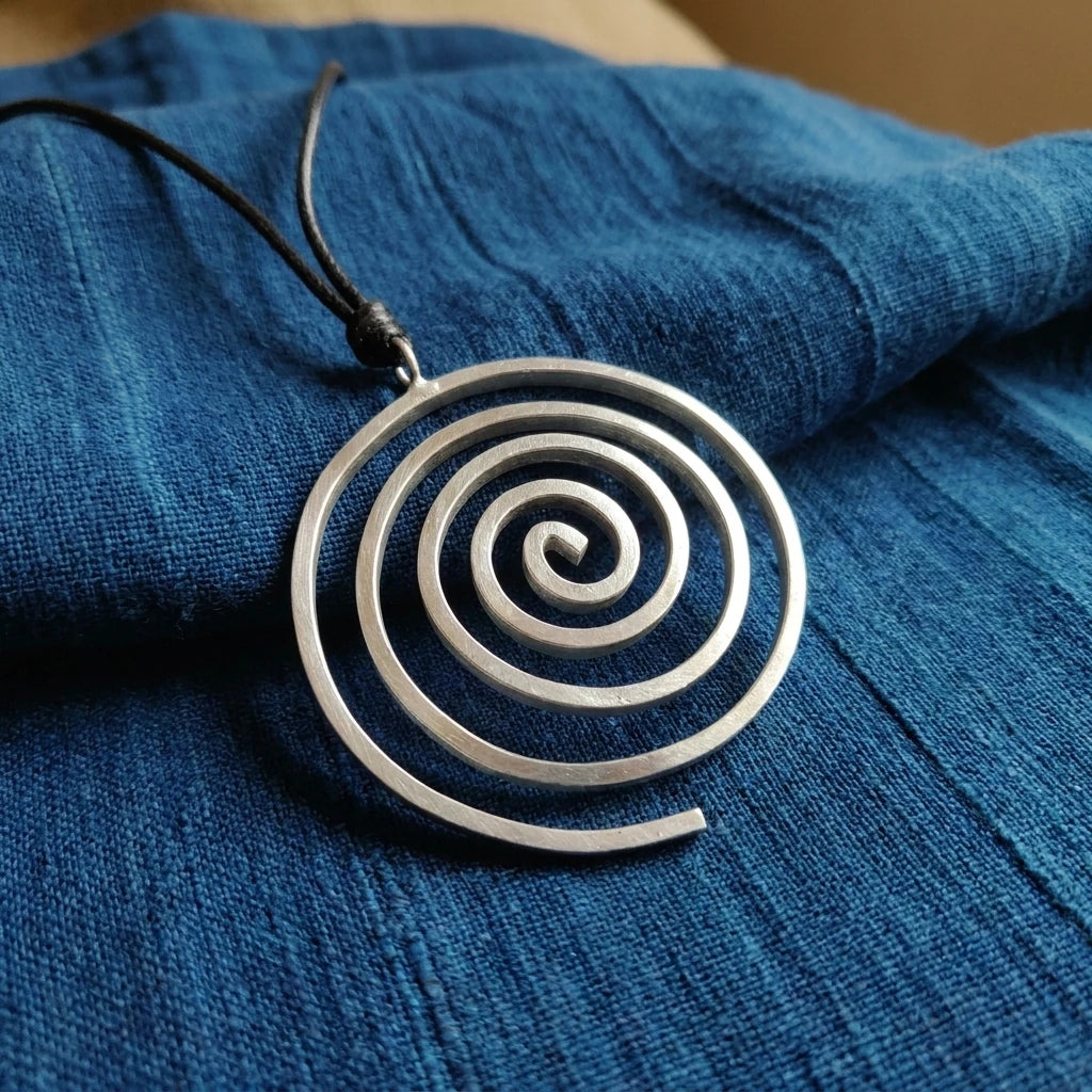 Miao Silver Spiral Pendant Necklace displayed on indigo textile